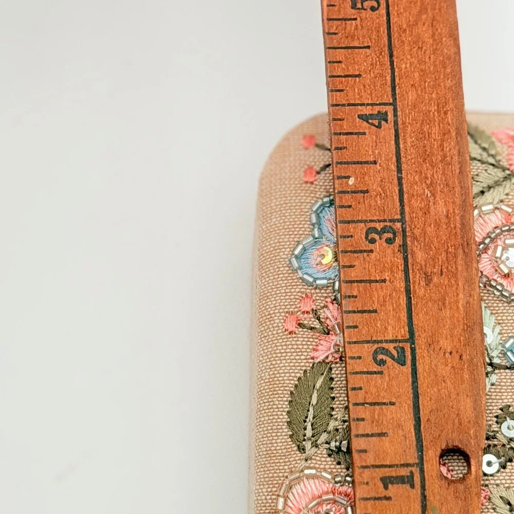 Floral Embroidered Beaded Jewelry Box Travel Case Tan Linen Boho Cottagecore
